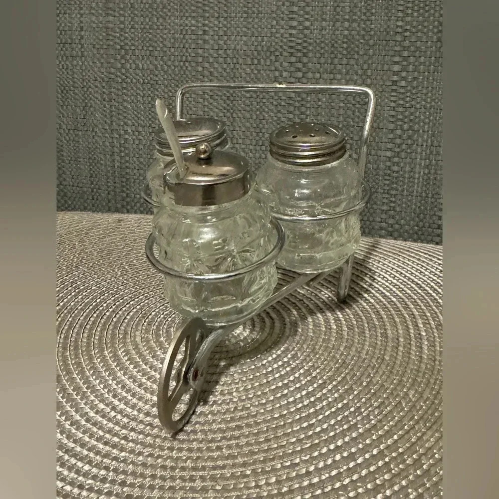 Vintage Salt & Pepper Condiment Pressed Glass with Metal Wheelbarrow Caddy Set